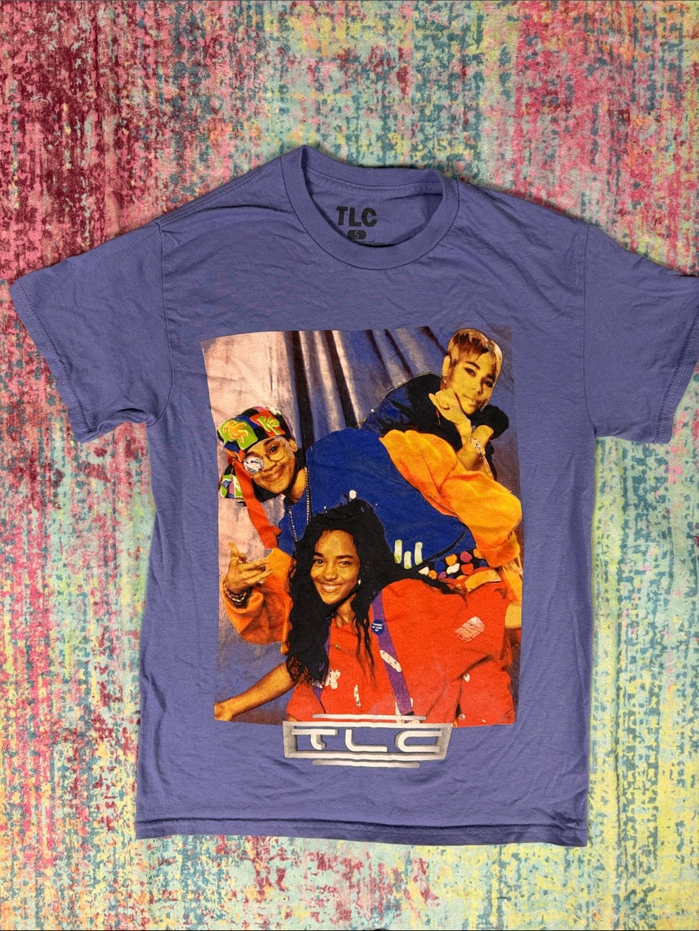 TLC Short Sleeve Graphic Tee in Purple with Multicolor Photo Print
